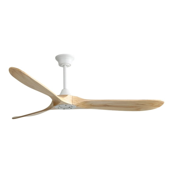 60 Inch Modern Ceiling Fan without Light with Remote Control 3 Wood Blades Reversible DC Motor Timer for Indoor Outdoor, White & Light Woodgrain