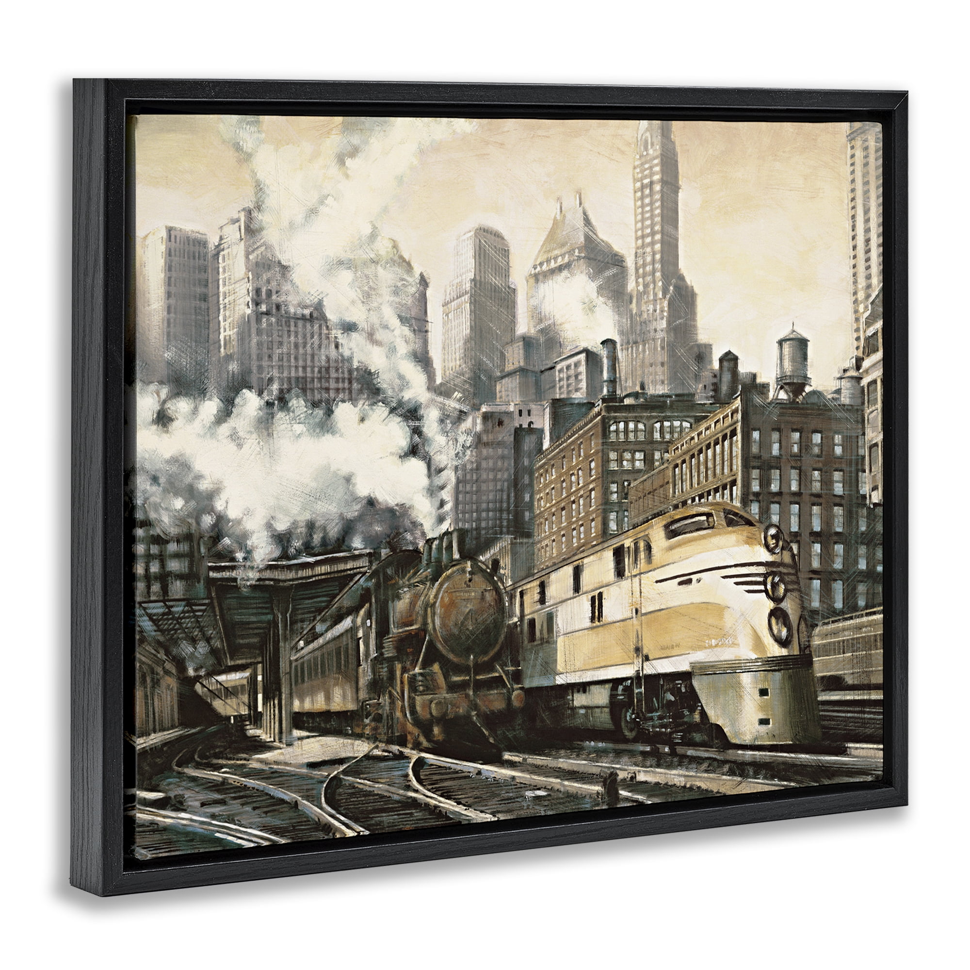 Stupell Industries Urban Steam Train Scenery Painting Black Floater Framed Art Print Wall Art, 31 x 25