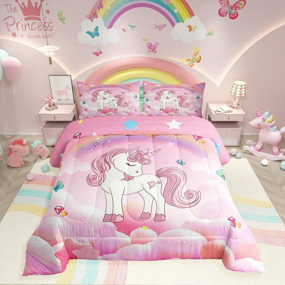 Erosebridal Unicorn Bedding Set Twin Size Pink Purple Unicorn Comforter Set with Rainbow Diomand Galaxy Stars Fantasy Room Decor Rainbow Unicorn Down Comforter Reversible Quilt