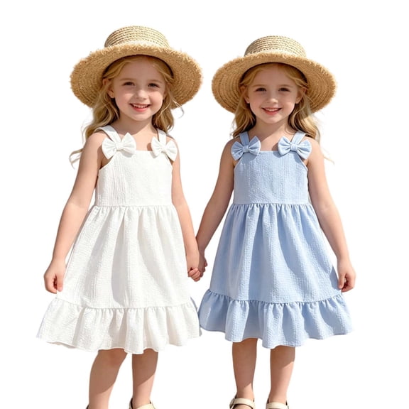 CUZIBR Toddler Baby Girls Sleeveless Bow Strap Dress Solid Color Square Collar Sleeveless Ruffled Tiered Party A-Line Dresses Summer Breathable Fashionable Swing Boho Beach Sundress,Blue,3-4 Years