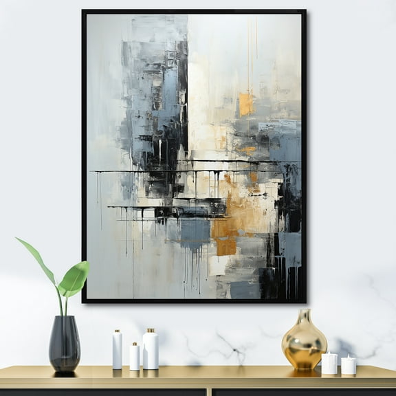 Designart "Urban Abstract in Grey and White II" Abstract Framed Wall Art - Modern Grey Abstract Collages Entryway Framed Wall Art Print