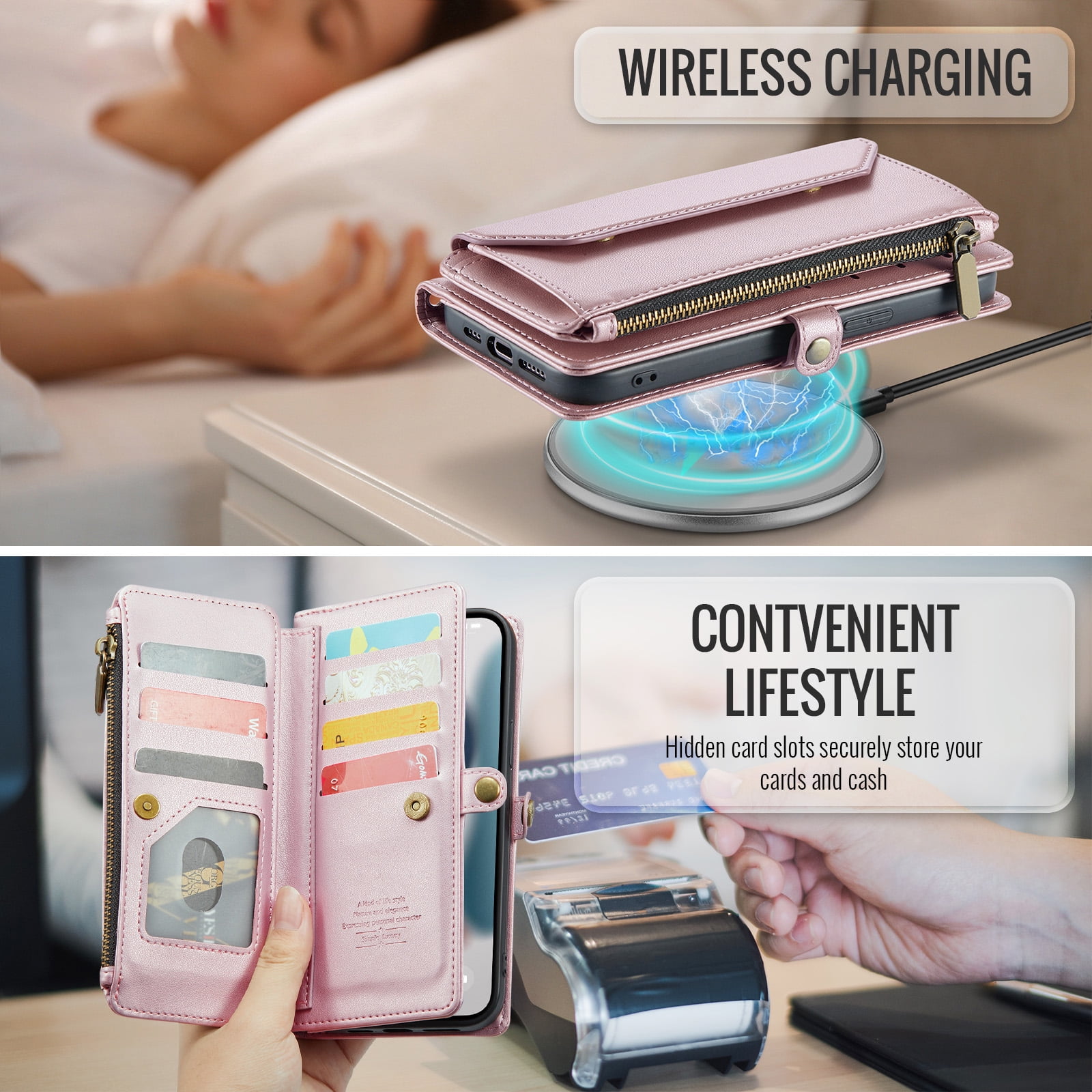 Compatible with iPhone 14 Pro Max 6.7 inch Zipper Wallet Phone Case Tempered Glass Screen Protector Crossbody Lanyard Strap Flip Card Holder Slot Cell Cover for iPhone14promax i14Max Women Rose Gold