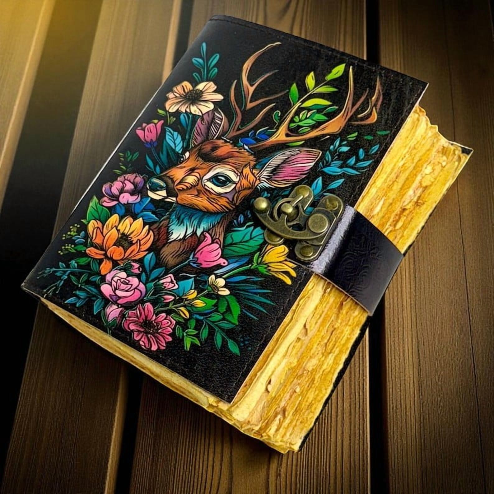 Handmade Leather Journal with Colorful Deer & Floral Artwork – 5x7 Inch Notebook, 200 Handmade Deckle Pages, Vintage Clasp, Artistic Writing Diary