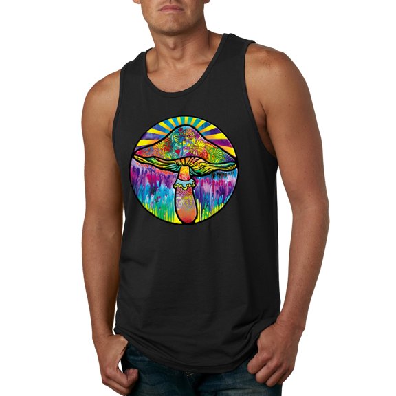 Wild Bobby Colorful Mushroom Retro Puff Print Fashion Mens Tank Top, Black, Small
