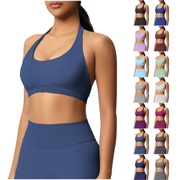 Felirenzacia Halter Sports Bra for Women Seamless Padded Push Up Sport Bra Athletic Running Workout Bra Yoga Bra,Slate Blue,S