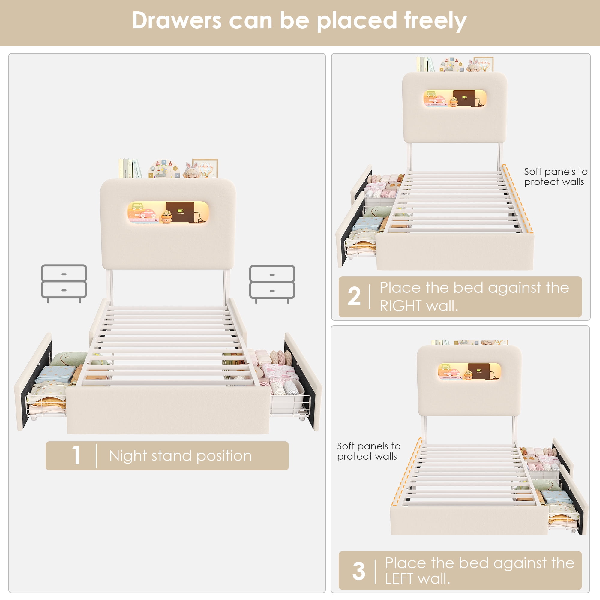 Homfa Twin Size Velvet Upholstered Bed with LED Lights & 2 Drawers, Storage Headboard Platform Bed Frame with USB Ports & Outlets, Off-White