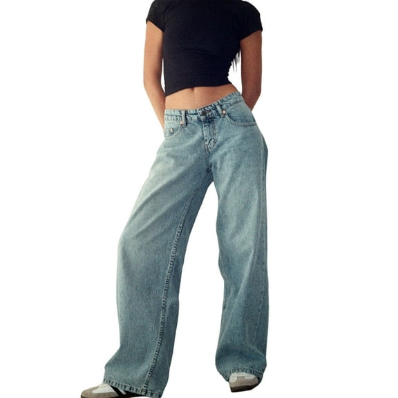 Women Y2k Low Rise Baggy Jeans Loose Fit Boyfriend Straight Wide Leg Jeans Trendy Stretch Long Denim Pants Light Blue L