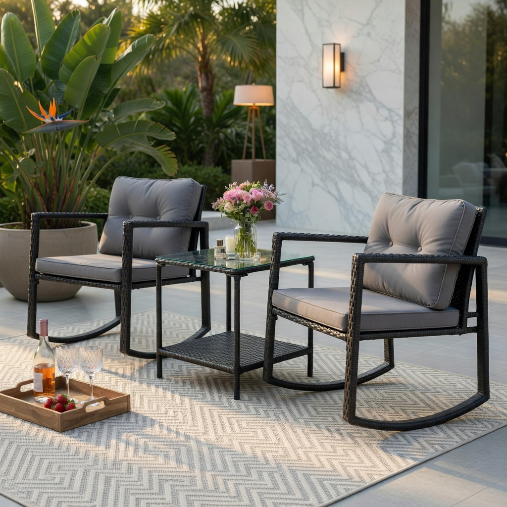 Hommoo 3-Piece Outdoor Rattan Patio Set with Rocking Chairs & Tempered Glass Table, Gray