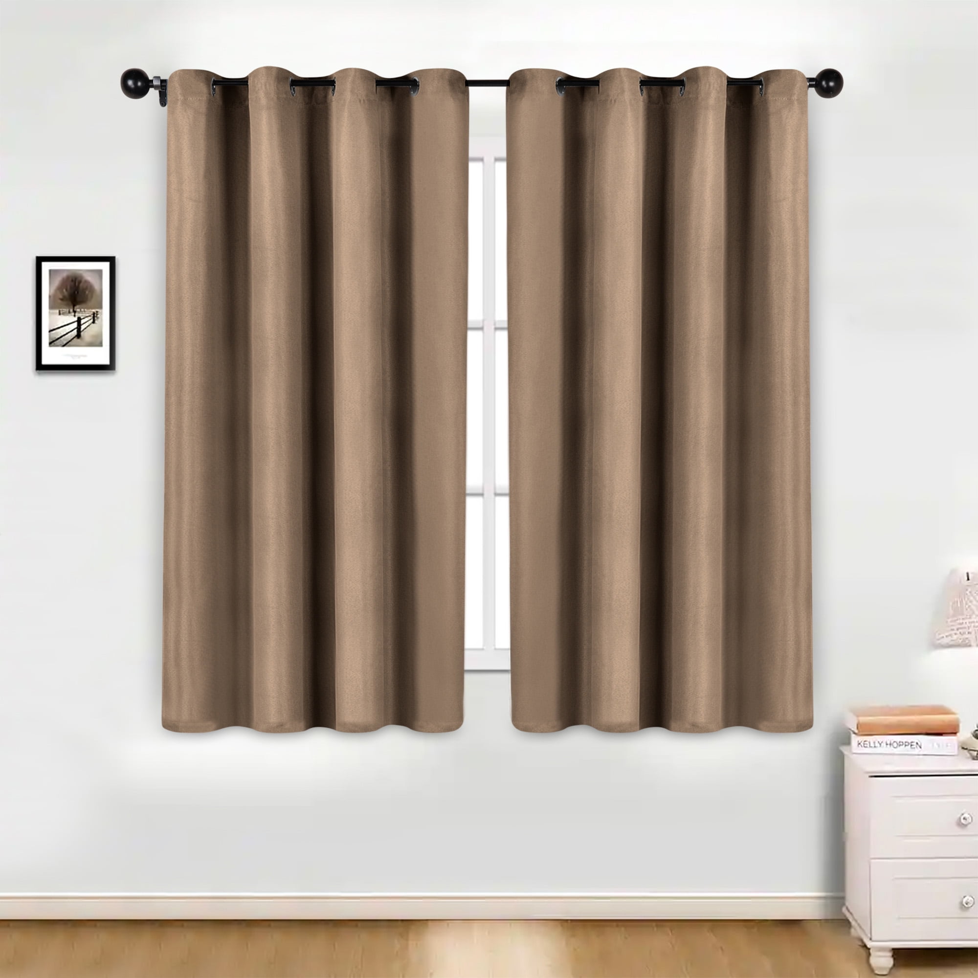Superior Jaxon Blackout Curtains Set of 2, Grommet Header Curtain Panel Pair, 52"W x 63"L, Tan