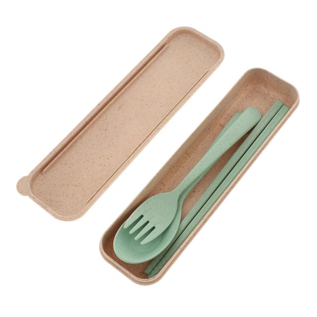 Utensilios para comer portátiles, cubiertos, pajitas de trigo, tenedor, , palillos con caja de almacenamiento, juego de cubiertos de viaje para Verde Soledad Cubiertos de viaje