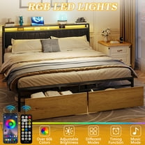 PORKISS King Size Bed Frame with Storage Headboard, LED Upholstered Bed Frame King with Charging Station, Light up King Size Platform Metal Bed Frame, No Box Spring Needed, PU Leather Black