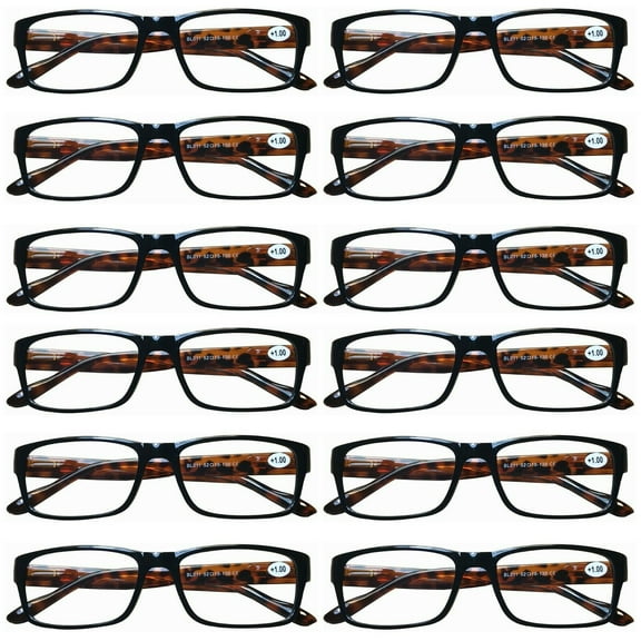 12 Pairs Womens Mens Unisex Rectangular Blue Light Blocking Reading Glasses Spring Hinge Readers 0.75