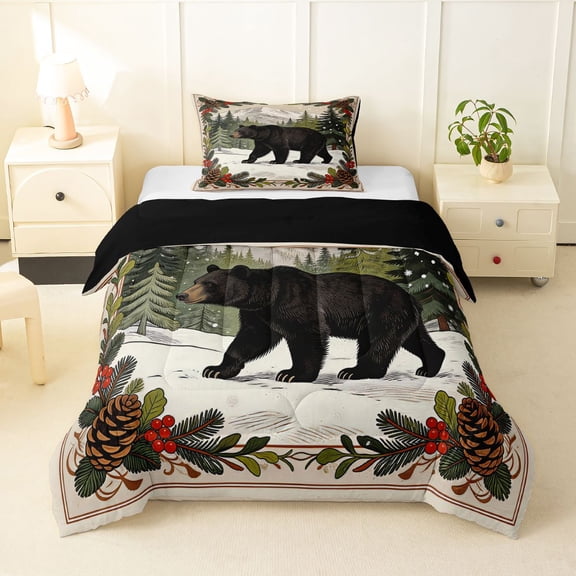 Manfei Winter Bear Twin Comforter Sets,Wild Woodland Print Bedding Set,Green,Black Reversible,2pcs,1 Comforter and 1 Pillowcase