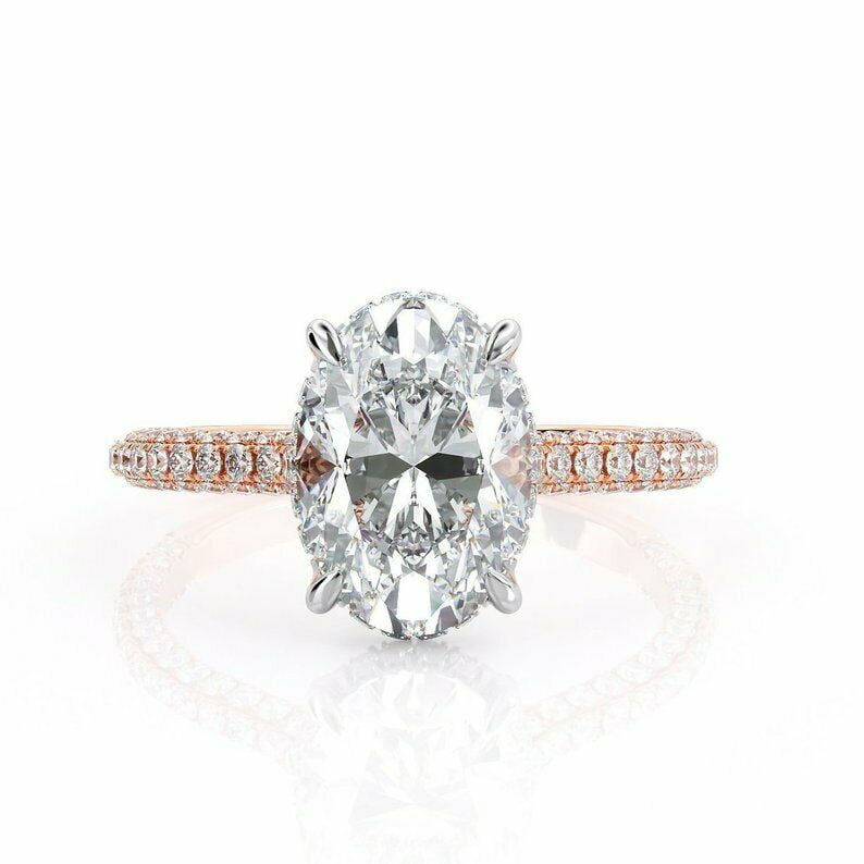 HeartsAndYou 2ct Oval Cut Moissanite Hidden Halo Engagement Ring for Women 18k Rose Gold over Silver Round Accent