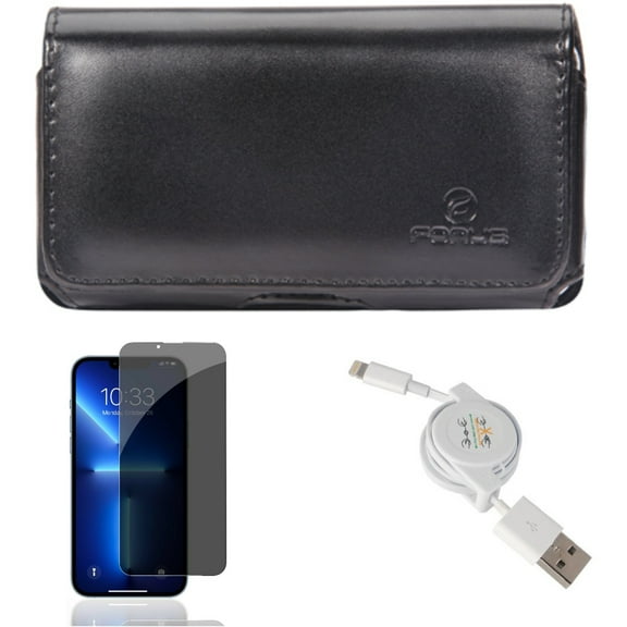 Privacy Screen Protector & USB Cable & Case Belt Clip for iPhone 13/Pro ONLY - Tempered Glass Curved Anti-Spy   Retractable Charger Power   Leather Swivel Holster Combo