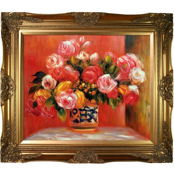 La Pastiche Pierre-Auguste Renoir 'Roses in a Vase, 1914' Hand Painted Framed Oil Reproduction on Canvas