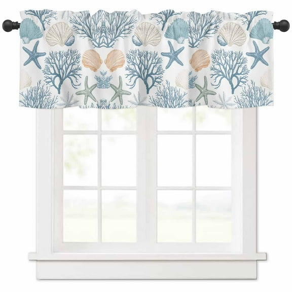 Valances for Windows, Blue Coastal Light Filtering Window Valance Curtains for Living Room/Bedroom/Bathroom, Privacy Rod Pocket Kitchen Curtains 54"W x 18"L