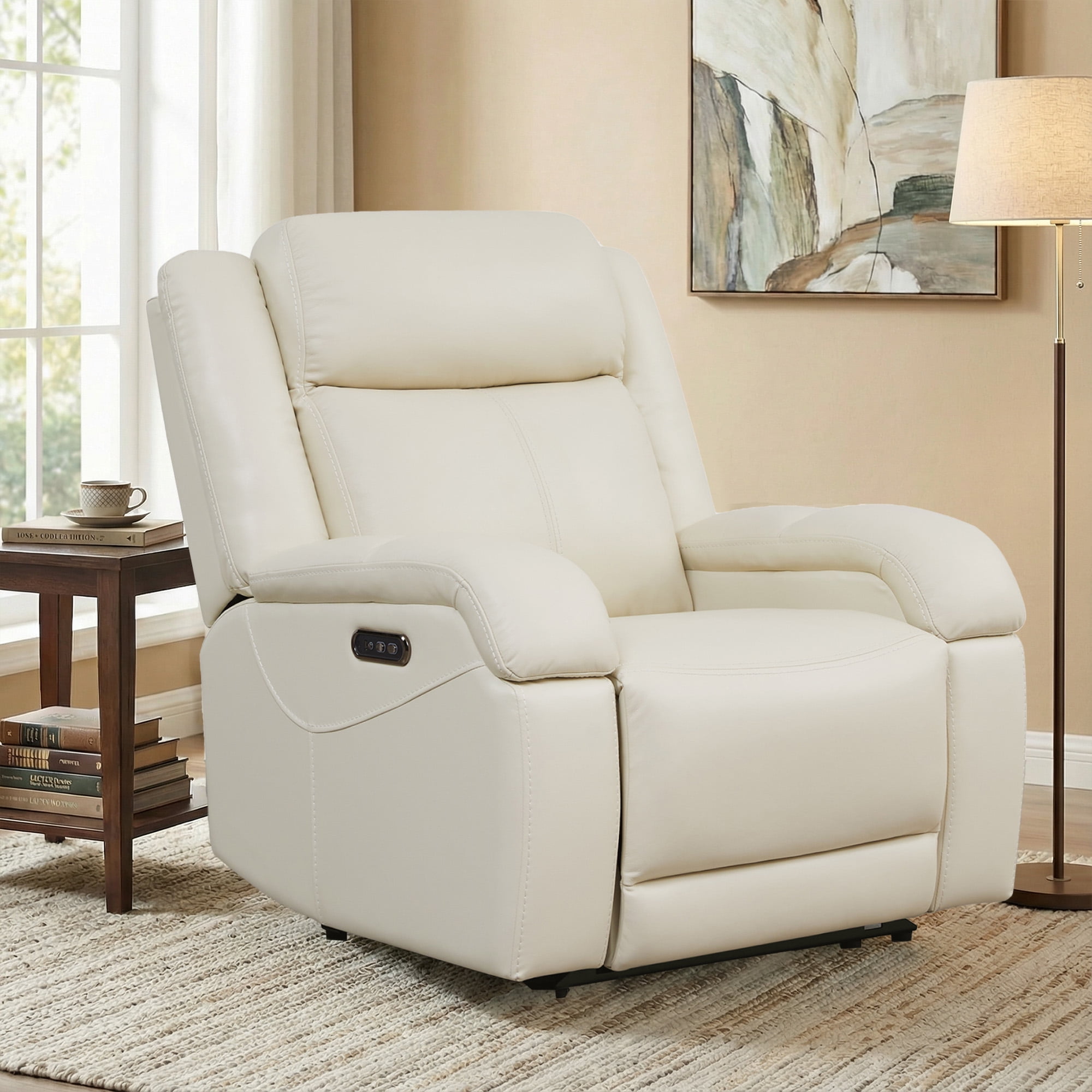 Spruce & Spring Genuine Leather Wall Hugger Power Recliner with Dual Motors, Cream-Medium