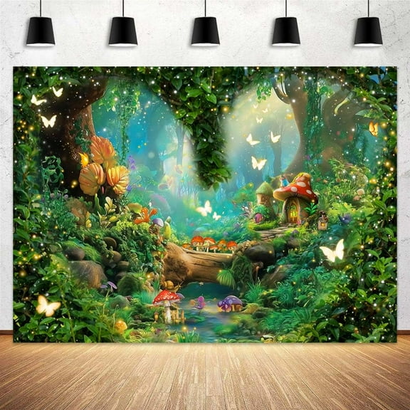 5 x 3 ft Spring Forest Enchanted Backdrop Enchanted Fairy Tale Woodland Green Garden Fantasy Mushroom Butterfly Background Girls Birthday Baby Shower Party Decor Banner Photo Booth Props