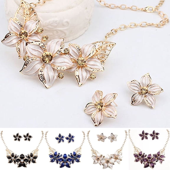 Shenmeida 2Pcs/set Fashion Women Crystal Rhinestone Flower Statement Necklace Earrings Jewelry Set