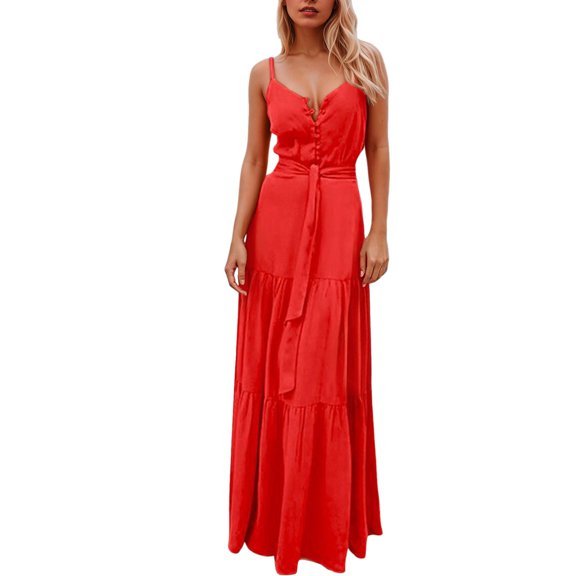 OSOLU Women Casual V-Neck Dress Flowy Comfortable Everyday Wear Spring Summer Dresses Stylish Solid Color Leisure Sundress Wedding Guest Dresses For Women