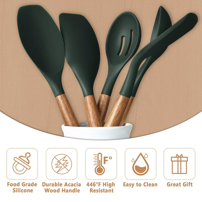  Miusco Non-Stick Silicone Kitchen Utensils Set with Natural  Acacia Hard Wood Handle, 5 Pieces, Grey, BPA Free, Baking, Serving and Cooking  Utensils : Home & Kitchen