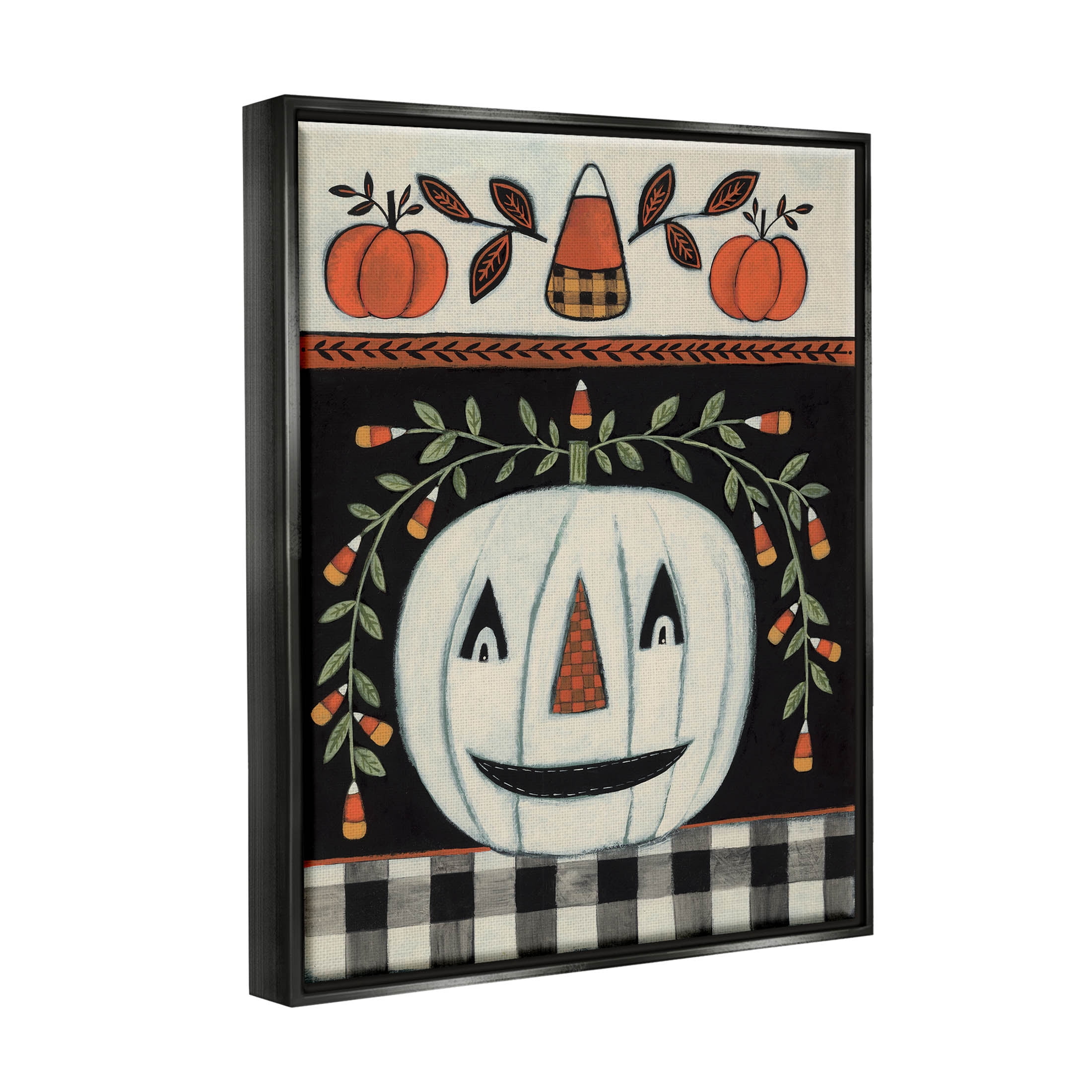 Fall Jack-o-Lantern Tartan Pattern Holiday Graphic Art Jet Black Framed Art Print Wall Art