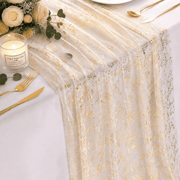 Gold Foil Sheer Table Runner 118" x 28.3", Metallic Glitter Gauze Tablecloth for Wedding Party Home Decor, Cuttable.