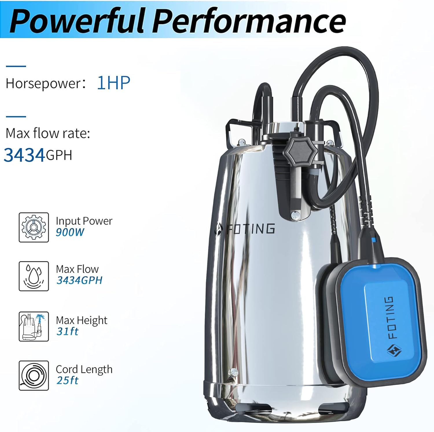 1 HP Stainless Steel Sump Pump, 3434 GPH 31ft Water Pump with Float Switch, Submersible Utility Pump for Basement Swimming Pool Draining Pond Garden Watering
