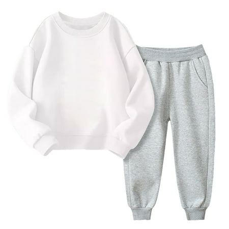 

Boys Girls Winter Sweatsuits Long Sleeve Crewneck Pullover Top and Jogger Pants Set 2 Piece Thermal Outfits (11 Years White & Gray)