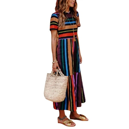 Boho Dress for Ladies Short Sleeve Colorful Stripes Women Party Loose Long Maxi Sundress Clothing