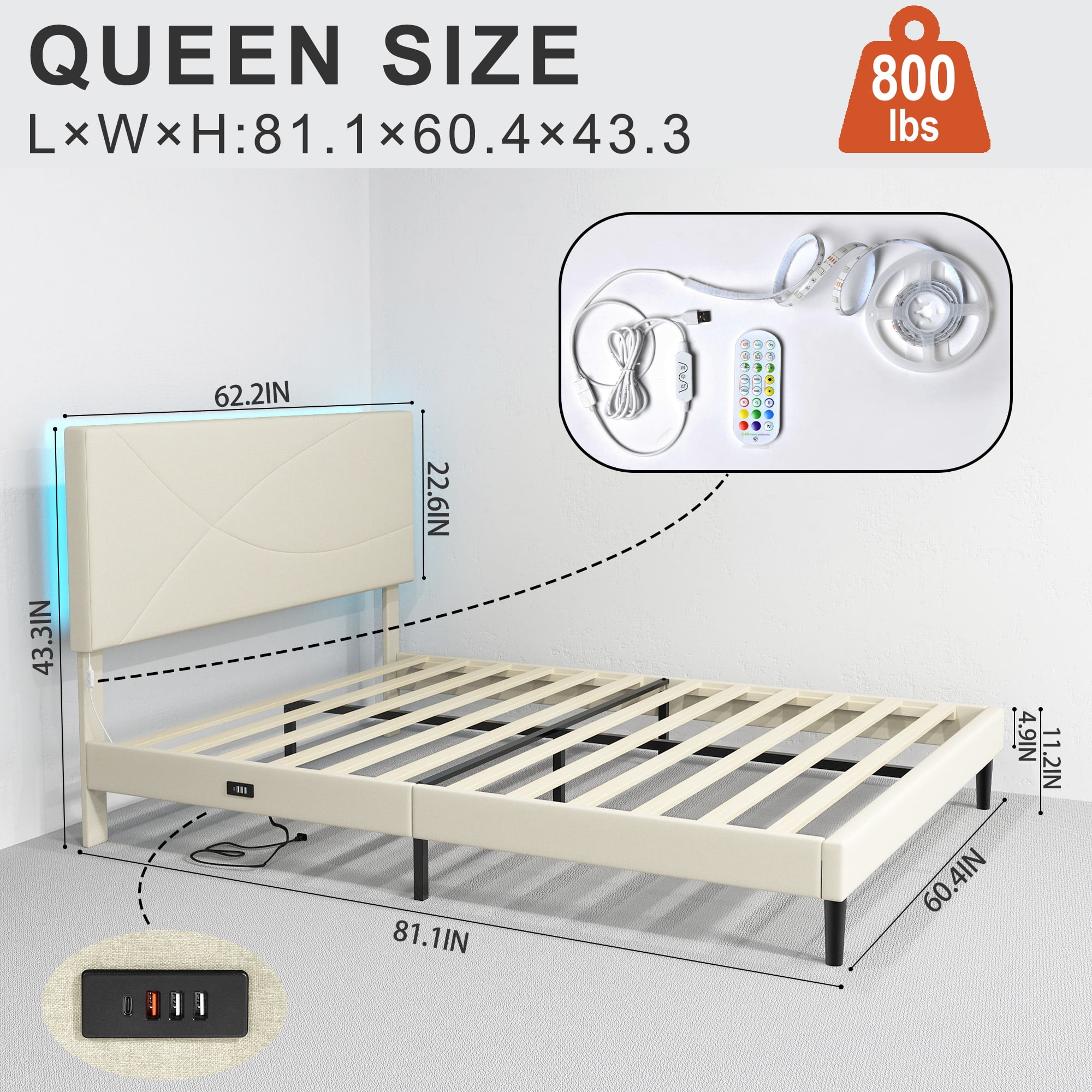 Homy Casa Queen Bed Frame with Portable Folding Tray Bedroom Set