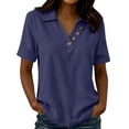 thumbnail image 2 of Women's Top Women's Casual Linen Blouse Collared V Neck Short Sleeve Button Detail Curved Hem Summer Top Blue S, 2 of 6