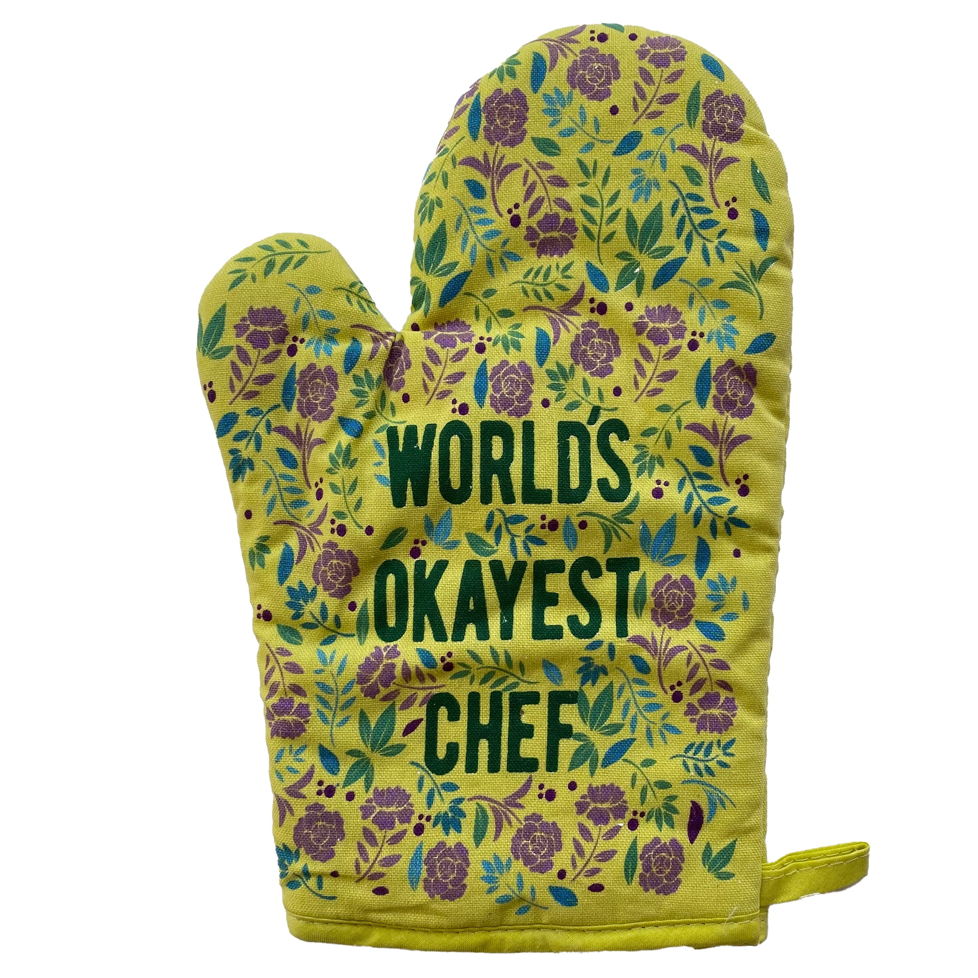 World's Okayest Chef Oven Mitt Funny Cooking Floral Kitchen Glove Gag