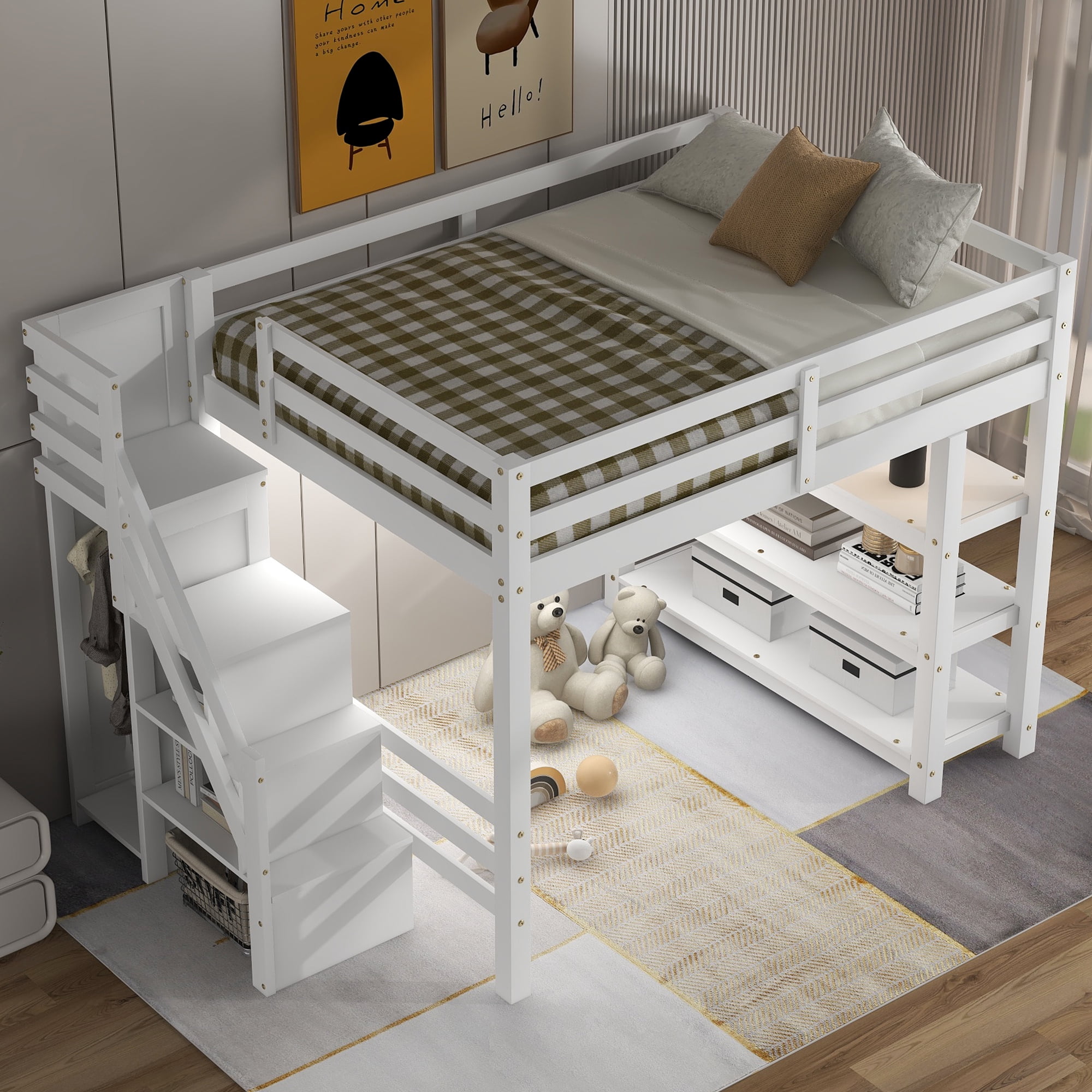 Euroco Wood Full Size Loft Bed with Storage Staircase and Shelves, LED Light and Wardrobe for Kids, White