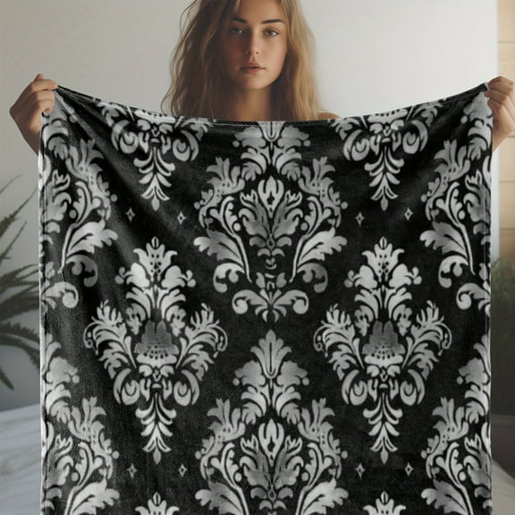 Vintage Damask Pattern Flannel Throw Blanket - Digital Print Soft Cozy Fleece Cover, Knitted Polyester, Lightweight for Sofa Bed Office Travel, All-Season Comfort, 59x78.7 inches