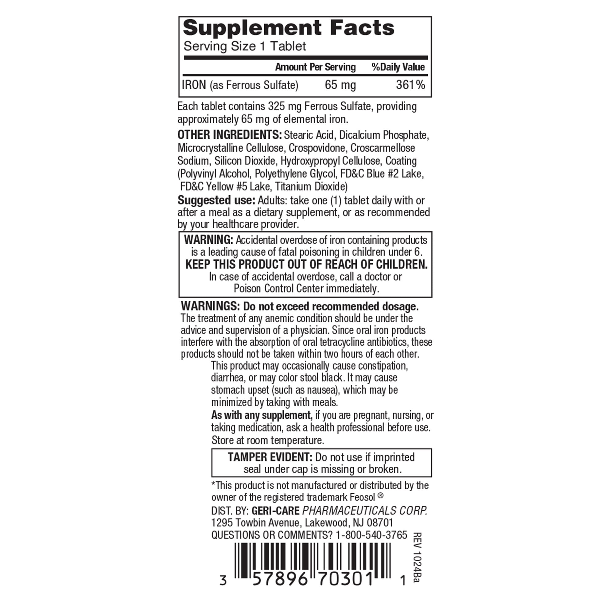 Geri-Care Iron Supplement 325 mg Strength, Mineral Tablets, 12 Bottles, 100 per Bottle