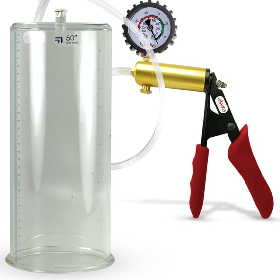 LeLuv Ultima Penis Pump, Brass w/ Red Handle, Silicone Grip, Clear Hose Protected Gauge | 12" x 5.00" Cylinder
