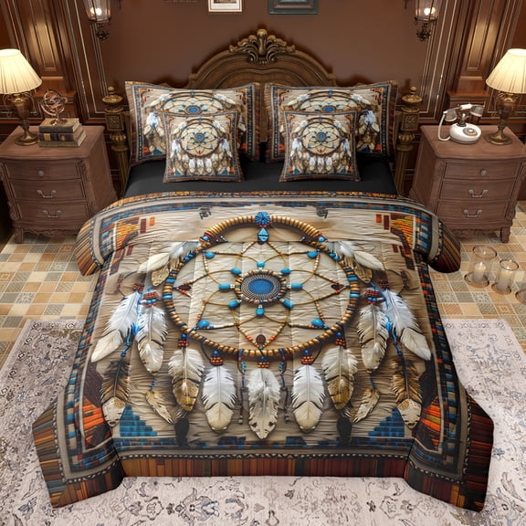 Feelyou Hippie Dream Catcher Bedding Comforter Set 7pcs, Vintage Western Fashion Queen Bedding Sets, Teens Adult Women Men Reversible Queen Sheet Sets, Luxury Bedroom Decor
