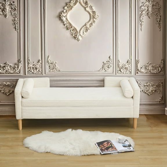 MDQMD 65" Corduroy Storage Bench with Armrests & Bolster Pillows - 350lb Capacity, Multi-Functional Sofa for Entryway, Bedroom & Living Room (Ivory)