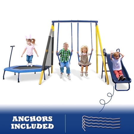 SMkidsport Durable 4-in-1 Swing Set for Outside, Playground Sets with Slide, Swing Seats, Movable Trampoline