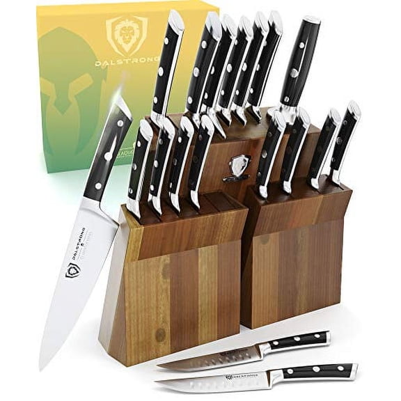 DALSTRONG Knife Block Set - 18-Piece - Gladiator Series Colossal Knife Set - Forged German ThyssenKrupp HC Steel - Walnut Stand - Black Handles