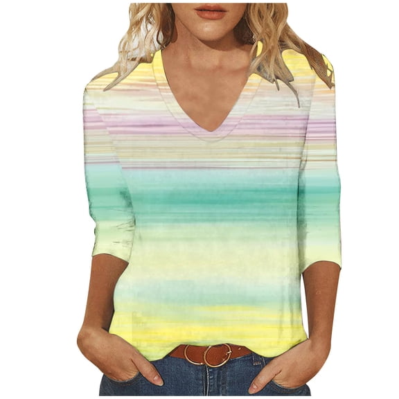 Womens Plus Size Tops, 3/4 Sleeve Shirts for Women Fall Fashion Loose Fit Ombre Tie Dye V Neck T-Shirts