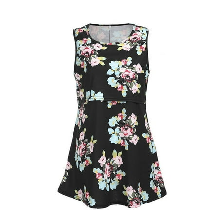 

Grianlook Summer Tops for Womens Boho Floral Beach Shirts Round Neck Sleeveless Layered Casual Loose Nursing Top