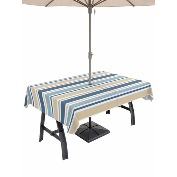 Outdoor Tablecloth with Umbrella Hole, Khaki Blue Striped Waterproof Outdoor Table Cover, Farmhouse Stripes Modern Abstract Art Patio Tablecloths for Party Picnic Camping, Rectangle 52"x70"