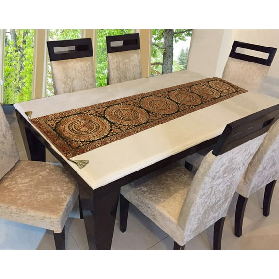 Stylo Culture Decorative Ethnic Dining Table Runner Black Gold Large Living Room Wedding Decor Round Mandala 68 Inch Long Brocade Jacquard Tassel Work Table Cloth Rectangle (68 x 16 Inch)