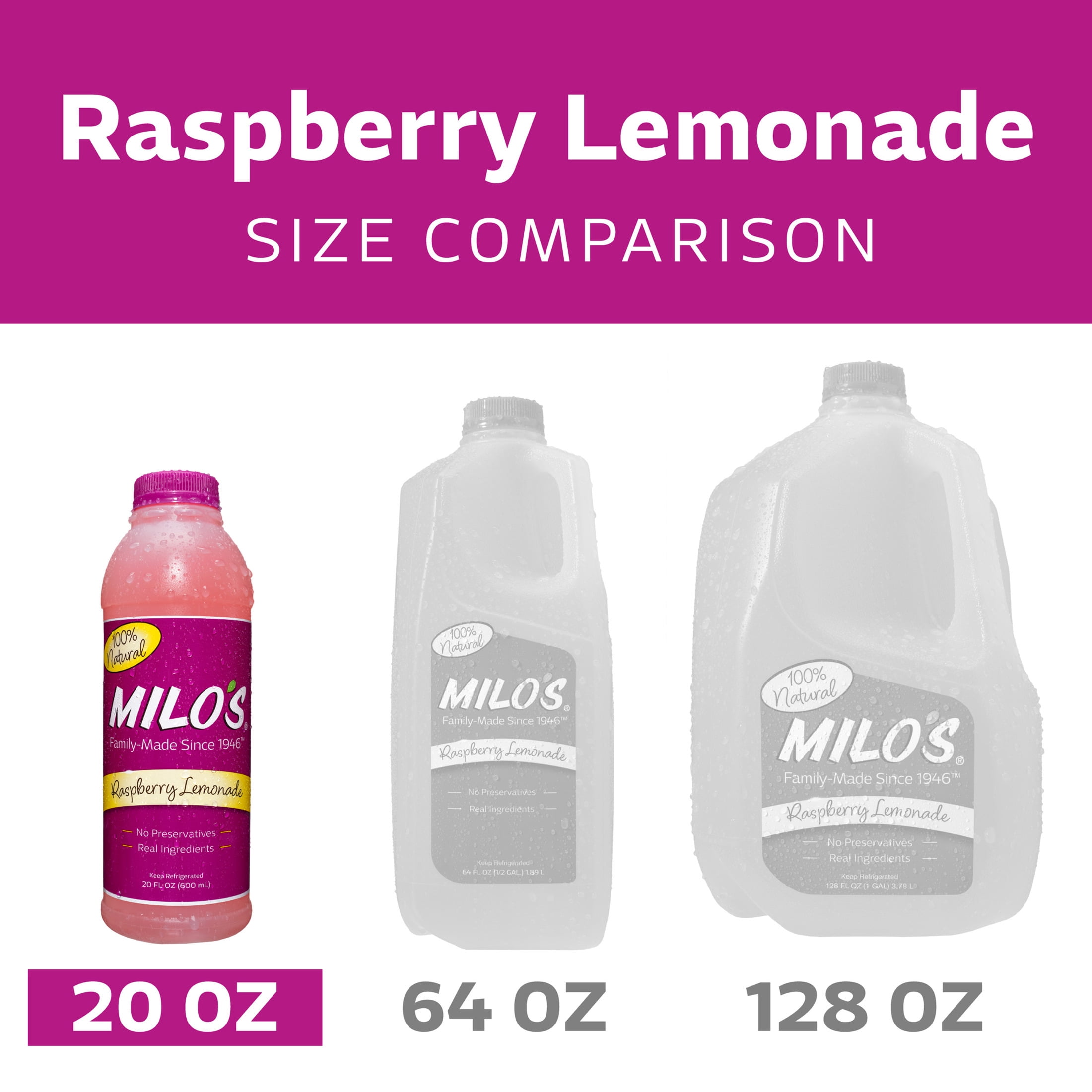 Milo's Raspberry Lemonade, Refrigerated Juice Drink, 20 fl oz Bottle, 100% Natural, No Preservatives, Made Fresh Daily