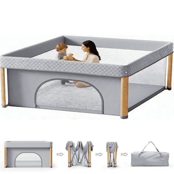 PRVAETU 59"x59"x27" One Step Foldable Baby Playpen for Newborn and Toddlers, Portable Folding Play Yard with Storage Bag for Babies Boys Girls,Grey