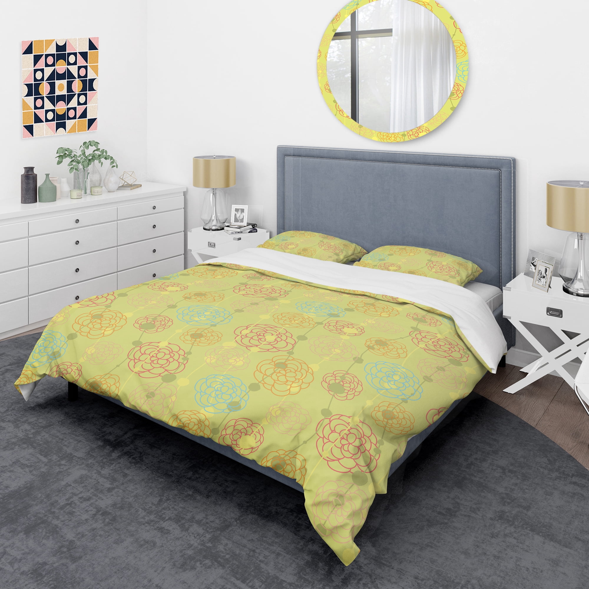 Designart 'Retro Handdrawn Flowers On Green Background' Mid-Century Modern Duvet Cover Set
