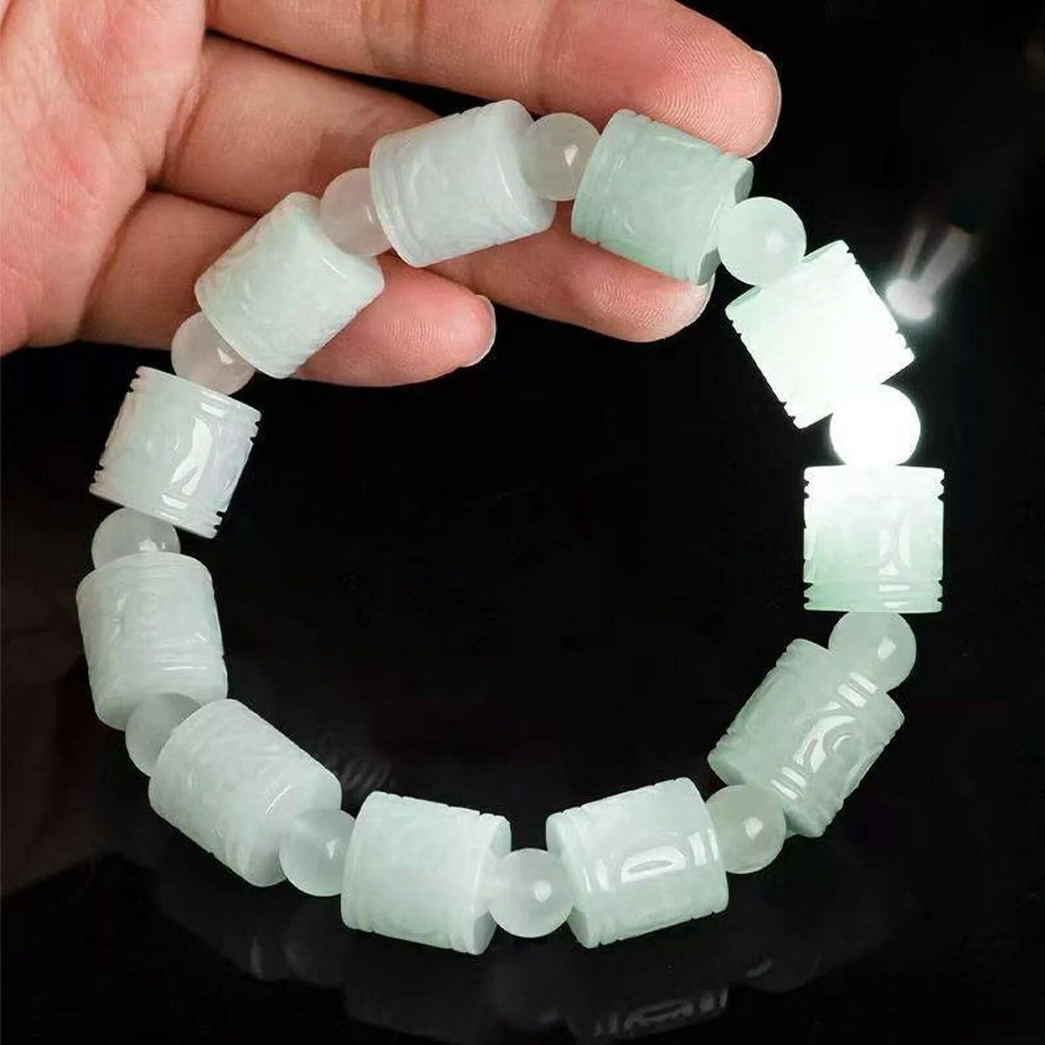 HOOUN Natural Grade A Jade Jadeite Men Women Lucky Carved Column Round Bead Bracelet